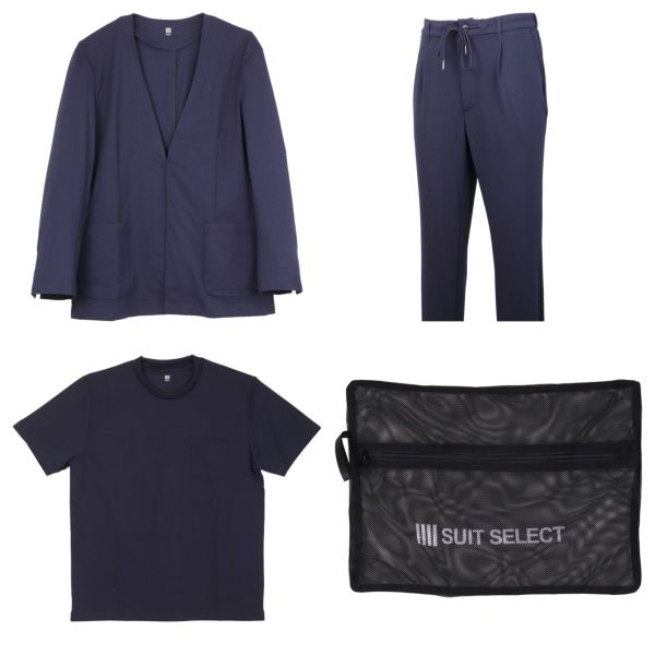 【発送在庫あり】【RBC】Remote Pack Suit/ノーカラージャケット・パンツ・Tシャツ・ウォッシャブルネット(4点セット)/ネイビー