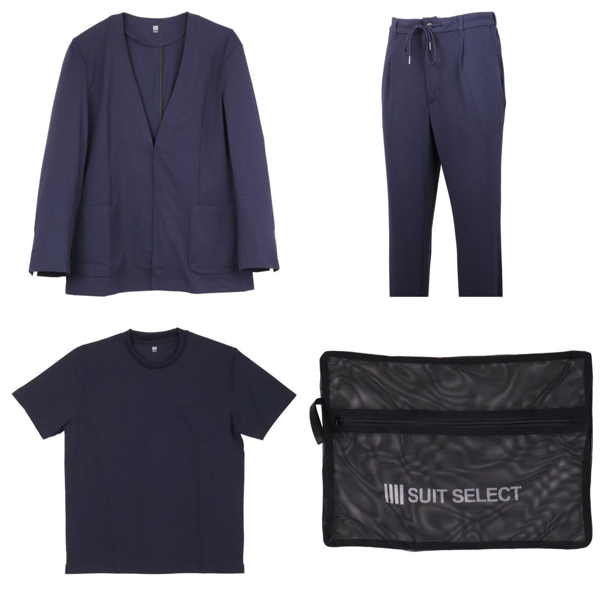 発送在庫あり】【RBC】Remote Pack Suit/ノーカラージャケット・パンツ・Tシャツ・ウオッシャブルネット(4点セット)/ネイビー | SUIT  SELECT | スーツセレクト公式通販