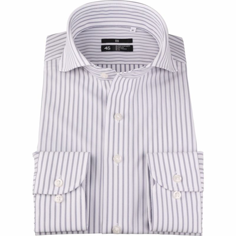 【発送在庫あり】【BL】ホリゾンタルワイドドレスワイシャツ/ホワイト×ネイビーストライプ/SUPER NON IRON-KNIT4S スーツセレクト通販 suit select
